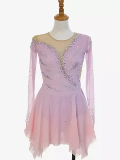 Robe de patinage artistique rose pailletée à strass manches longues costume de patinage pour tous les âges