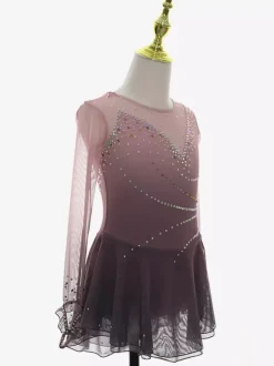 Robe de patinage artistique rose poudré en résille strass tenue de compétition pour filles et femmes
