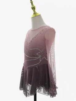 Robe de patinage artistique rose poudré en résille strass tenue de compétition pour filles et femmes