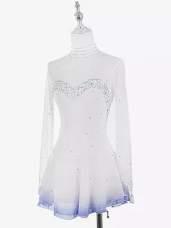 Robe de patinage blanche à col montant en forme de c艙ur ornée de perles et manches longues pour femmes et filles
