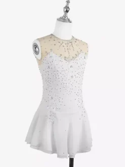 Robe de patinage blanche sans manches ornée de perles pour femmes et filles