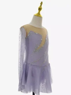 Robe de patinage lavande élégante à manches longues ornée de perles pour femmes et filles