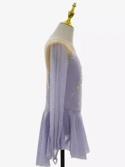 Robe de patinage lavande élégante à manches longues ornée de perles pour femmes et filles