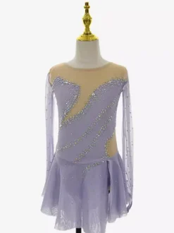 Robe de patinage lavande élégante à manches longues ornée de perles pour femmes et filles