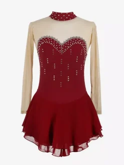 Robe de patinage violette à décolleté c艙ur et strass manches longues couleur chair pour femmes et filles