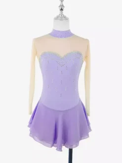 Robe de patinage violette à décolleté c艙ur et strass manches longues couleur chair pour femmes et filles