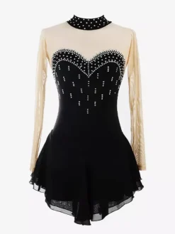 Robe de patinage violette à décolleté c艙ur et strass manches longues couleur chair pour femmes et filles