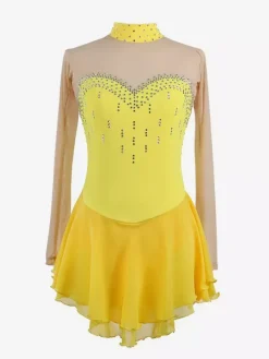 Robe de patinage violette à décolleté c艙ur et strass manches longues couleur chair pour femmes et filles