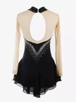 Robe de patinage violette à décolleté c艙ur et strass manches longues couleur chair pour femmes et filles