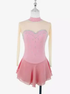 Robe de patinage violette à décolleté c艙ur et strass manches longues couleur chair pour femmes et filles