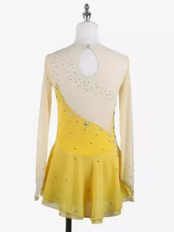 Robe de patineuse jaune pour femme/fille manches longues couleur chair ornée de strass.
