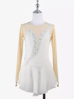 Robe de patineuse jaune pour femme/fille manches longues couleur chair ornée de strass.