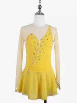Robe de patineuse jaune pour femme/fille manches longues couleur chair ornée de strass.