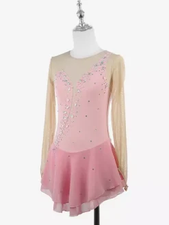 Robe de patineuse jaune pour femme/fille manches longues couleur chair ornée de strass.
