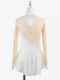 Robe de patineuse jaune pour femme/fille manches longues couleur chair ornée de strass.