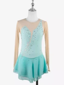 Robe de patineuse jaune pour femme/fille manches longues couleur chair ornée de strass.