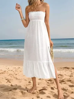 Robe de plage 2 en 1 pour femme - Jupe longue blanche smockée à fente latérale robe d'été fluide - Vacances d'été à la plage 2026