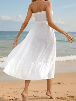 Robe de plage 2 en 1 pour femme - Jupe longue blanche smockée à fente latérale robe d'été fluide - Vacances d'été à la plage 2026