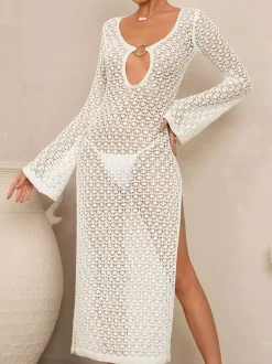 Robe de plage maxi en maille ajourée à col V découpé manches évasées et fente latérale