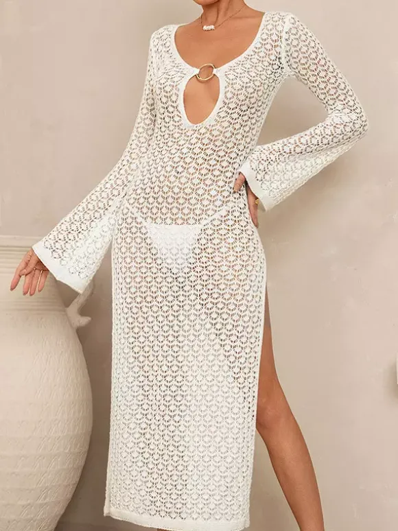Robe de plage maxi en maille ajourée à col V découpé manches évasées et fente latérale