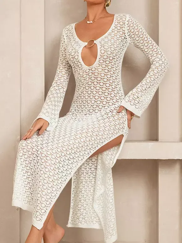 Robe de plage maxi en maille ajourée à col V découpé manches évasées et fente latérale