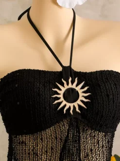 Robe de plage midi dos nu à boutons soleil en maille ajourée transparente