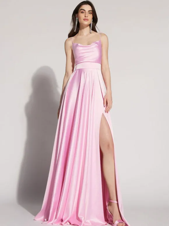 Robe de soirée A-ligne col carré sans manches dos nu fendu devant satin robes de reconstitution historique sociale personnalisation gratuite