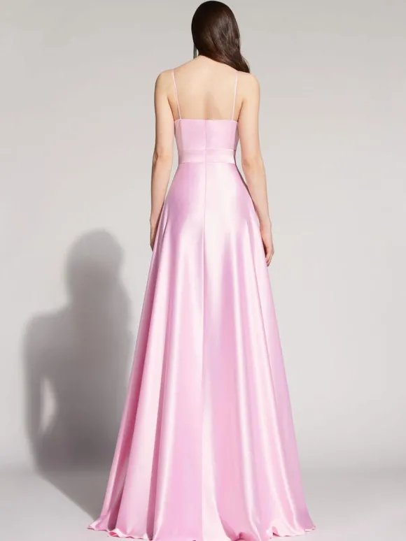 Robe de soirée A-ligne col carré sans manches dos nu fendu devant satin robes de reconstitution historique sociale personnalisation gratuite