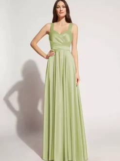 Robe de soirée A-ligne décolleté en c艙ur longueur au sol sans manches fermeture éclair ceinture élastique soie comme le satin robes de soirée sociale personnalisation gratuite