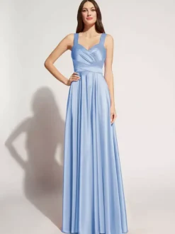 Robe de soirée A-ligne décolleté en c艙ur longueur au sol sans manches fermeture éclair ceinture élastique soie comme le satin robes de soirée sociale personnalisation gratuite