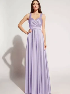 Robe de soirée A-ligne décolleté en c艙ur longueur au sol sans manches fermeture éclair ceinture élastique soie comme le satin robes de soirée sociale personnalisation gratuite