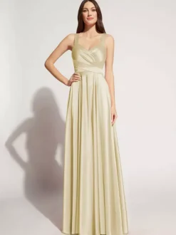 Robe de soirée A-ligne décolleté en c艙ur longueur au sol sans manches fermeture éclair ceinture élastique soie comme le satin robes de soirée sociale personnalisation gratuite