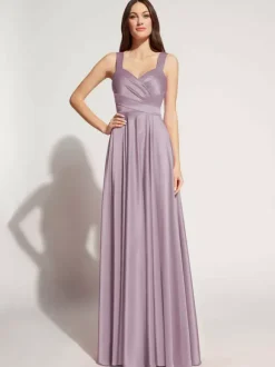 Robe de soirée A-ligne décolleté en c艙ur longueur au sol sans manches fermeture éclair ceinture élastique soie comme le satin robes de soirée sociale personnalisation gratuite