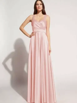 Robe de soirée A-ligne décolleté en c艙ur longueur au sol sans manches fermeture éclair ceinture élastique soie comme le satin robes de soirée sociale personnalisation gratuite