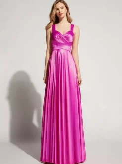 Robe de soirée A-ligne décolleté en c艙ur longueur au sol sans manches fermeture éclair ceinture élastique soie comme le satin robes de soirée sociale personnalisation gratuite