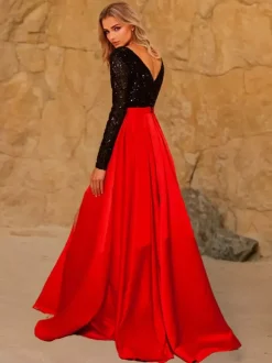 Robe de soirée A-Line Col en V Balayage Manches longues Robe de mariée Boutons fonctionnels Paillettes Tissu satiné Robes de soirée sociales
