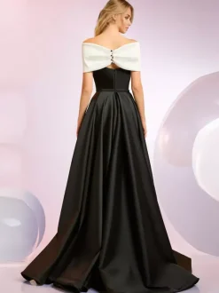 Robe de soirée A-Line Décolleté Balayage Manches courtes Fermeture éclair N艙uds Tissu satiné Robes de dîner formelles