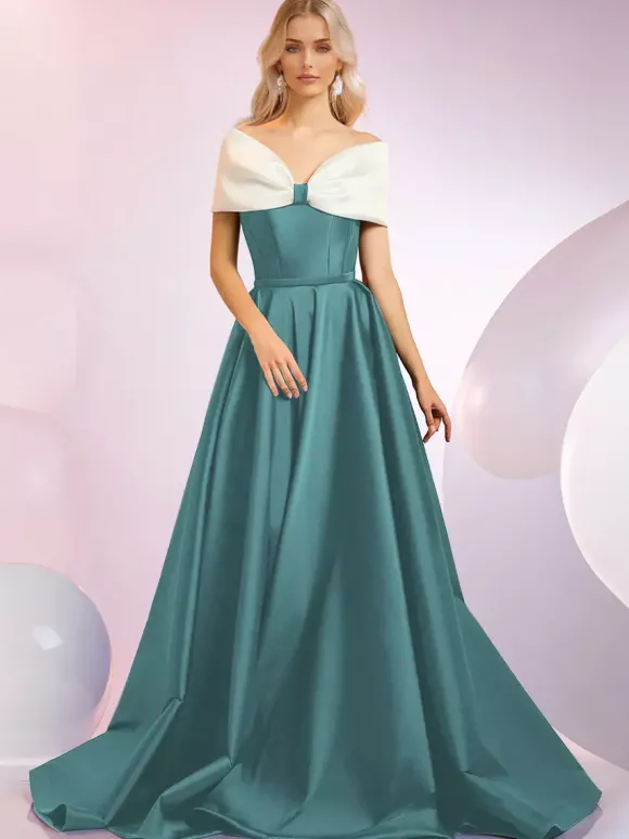 Robe de soirée A-Line Décolleté Balayage Manches courtes Fermeture éclair N艙uds Tissu satiné Robes de dîner formelles