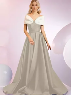 Robe de soirée A-Line Décolleté Balayage Manches courtes Fermeture éclair N艙uds Tissu satiné Robes de dîner formelles