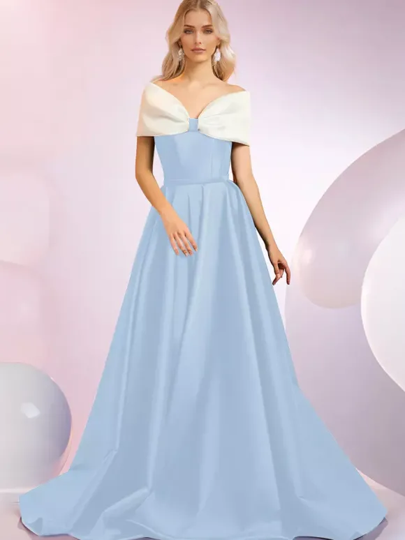 Robe de soirée A-Line Décolleté Balayage Manches courtes Fermeture éclair N艙uds Tissu satiné Robes de dîner formelles