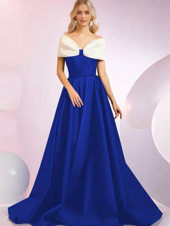Robe de soirée A-Line Décolleté Balayage Manches courtes Fermeture éclair N艙uds Tissu satiné Robes de dîner formelles