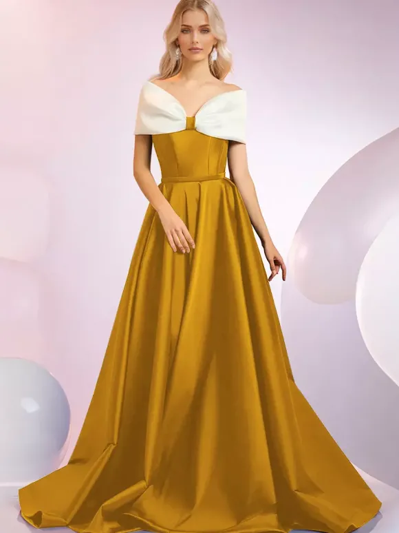 Robe de soirée A-Line Décolleté Balayage Manches courtes Fermeture éclair N艙uds Tissu satiné Robes de dîner formelles