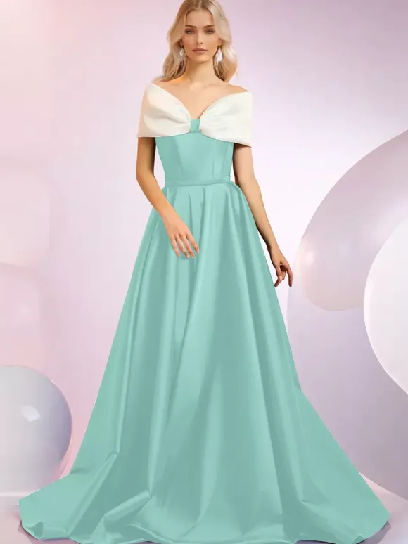 Robe de soirée A-Line Décolleté Balayage Manches courtes Fermeture éclair N艙uds Tissu satiné Robes de dîner formelles