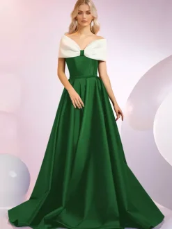 Robe de soirée A-Line Décolleté Balayage Manches courtes Fermeture éclair N艙uds Tissu satiné Robes de dîner formelles