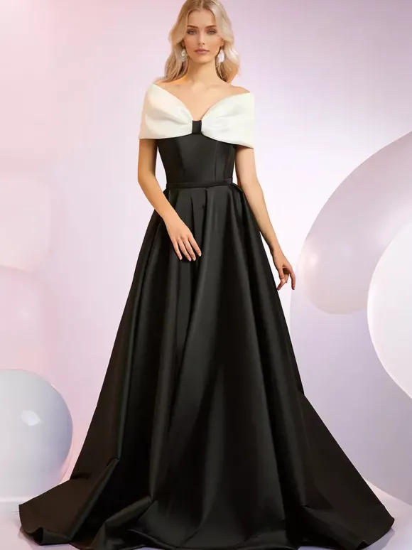 Robe de soirée A-Line Décolleté Balayage Manches courtes Fermeture éclair N艙uds Tissu satiné Robes de dîner formelles