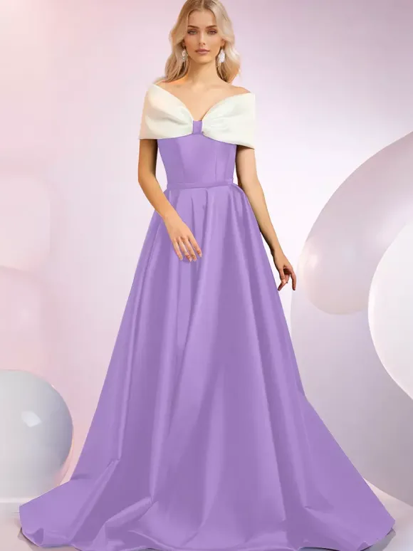 Robe de soirée A-Line Décolleté Balayage Manches courtes Fermeture éclair N艙uds Tissu satiné Robes de dîner formelles