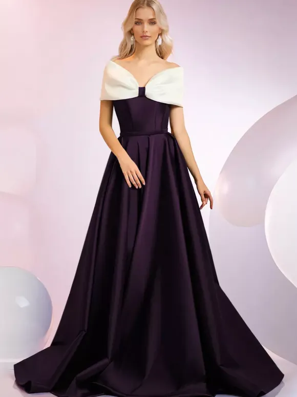 Robe de soirée A-Line Décolleté Balayage Manches courtes Fermeture éclair N艙uds Tissu satiné Robes de dîner formelles
