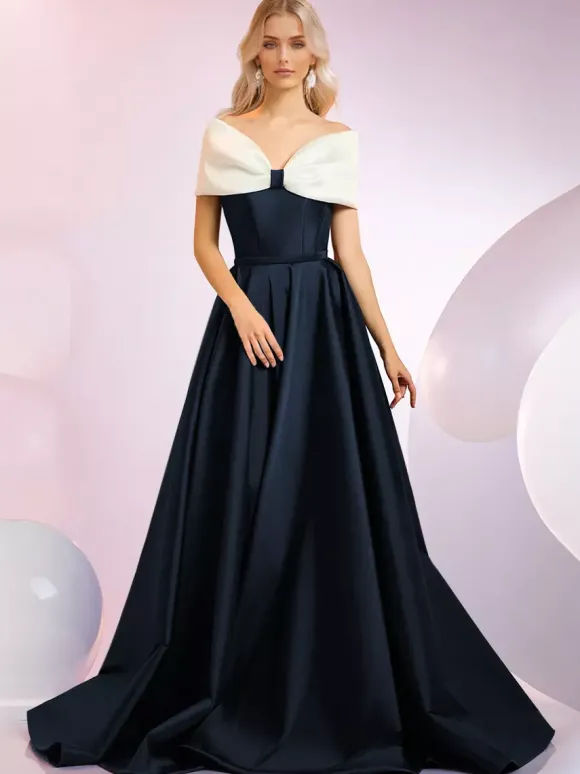 Robe de soirée A-Line Décolleté Balayage Manches courtes Fermeture éclair N艙uds Tissu satiné Robes de dîner formelles