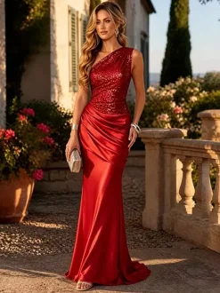 Robe de soirée asymétrique en satin à sequins robe sirène maxi taille froncée longueur au sol robe de bal formelle