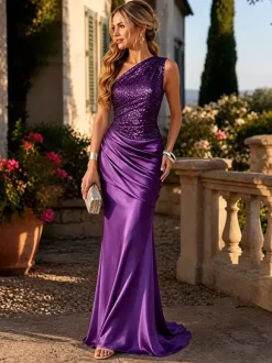 Robe de soirée asymétrique en satin à sequins robe sirène maxi taille froncée longueur au sol robe de bal formelle